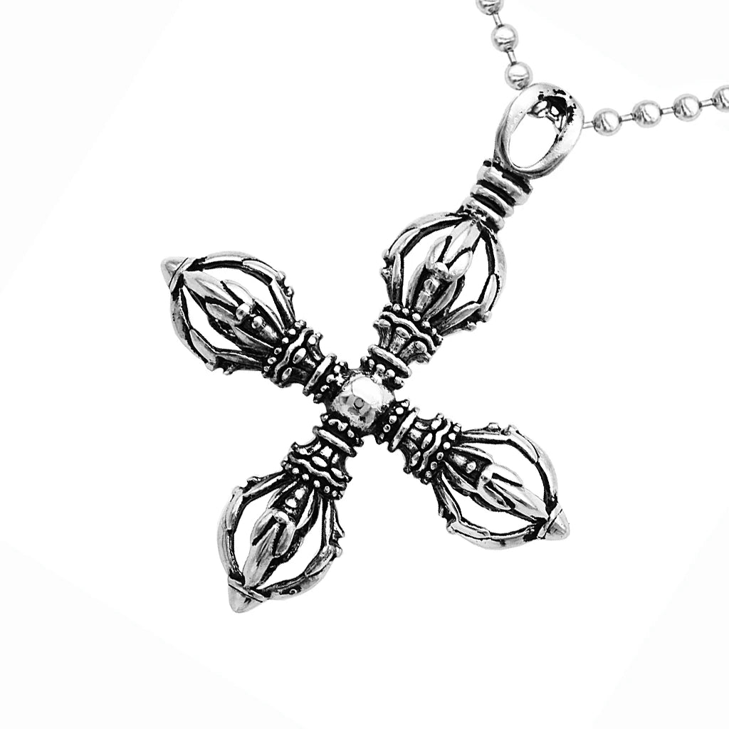 Charm Stainless Steel Hollow Cross Vajra Pestle Pendant Talisman Necklace Prayer Amulet Pendant Necklace Fashion Jewelry