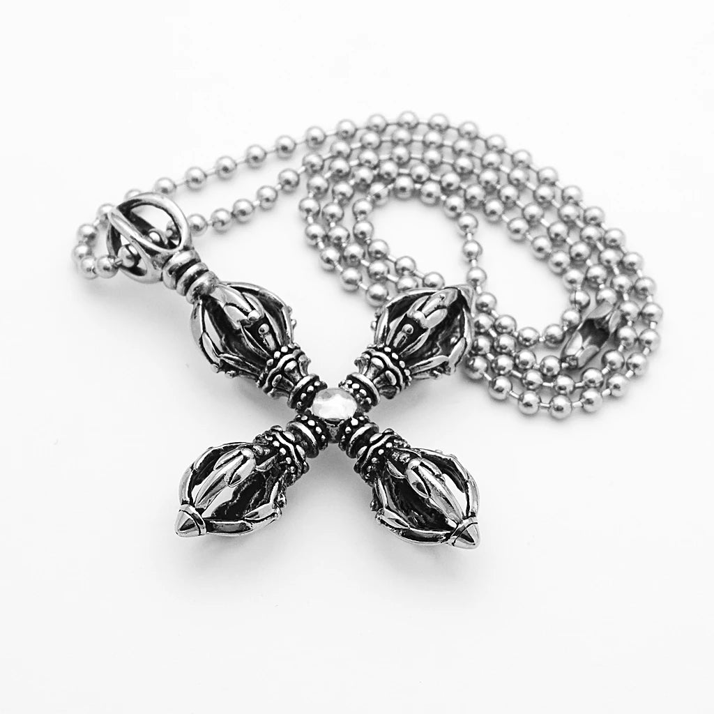 Charm Stainless Steel Hollow Cross Vajra Pestle Pendant Talisman Necklace Prayer Amulet Pendant Necklace Fashion Jewelry