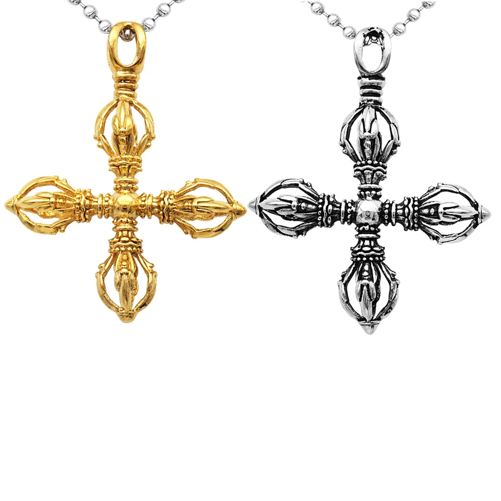 Charm Stainless Steel Hollow Cross Vajra Pestle Pendant Talisman Necklace Prayer Amulet Pendant Necklace Fashion Jewelry