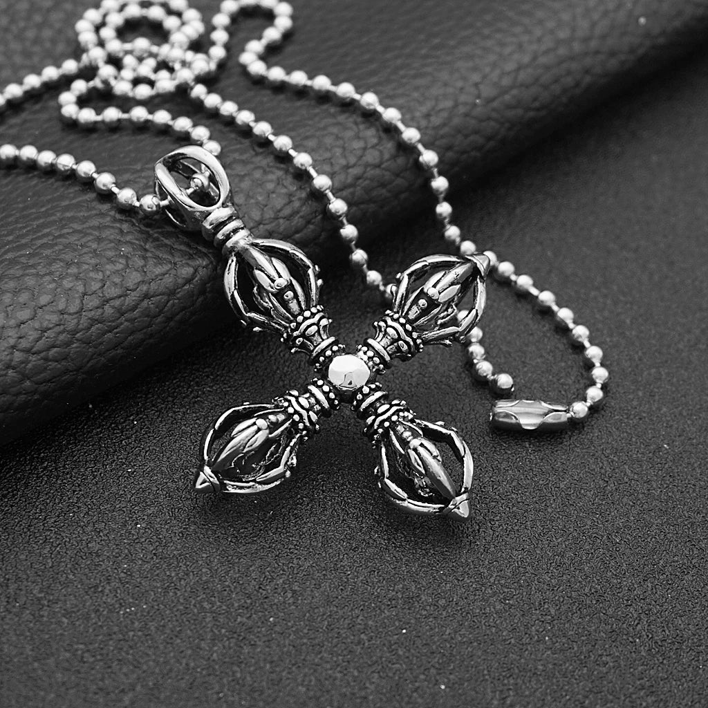 Charm Stainless Steel Hollow Cross Vajra Pestle Pendant Talisman Necklace Prayer Amulet Pendant Necklace Fashion Jewelry