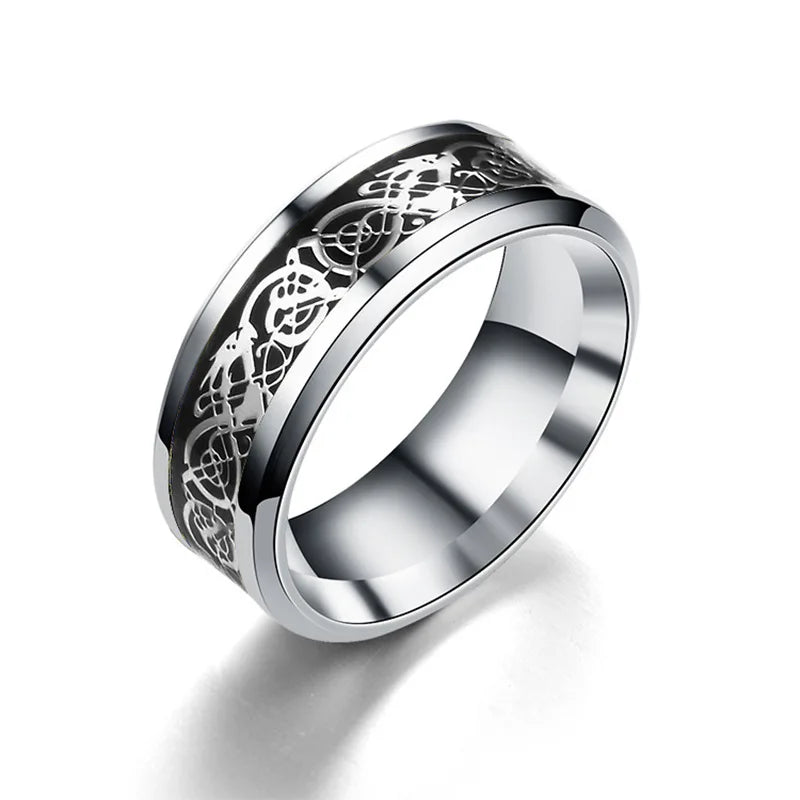 Classic 8Mm Black Tungsten Wedding Celtic Dragon for Men Fashion Stainless Steel Red Carbon Fiber Ring Band