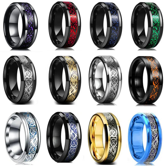 Classic 8Mm Black Tungsten Wedding Celtic Dragon for Men Fashion Stainless Steel Red Carbon Fiber Ring Band