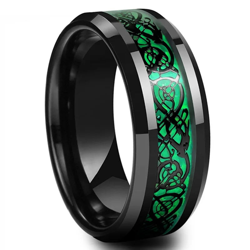 Classic 8Mm Black Tungsten Wedding Celtic Dragon for Men Fashion Stainless Steel Red Carbon Fiber Ring Band