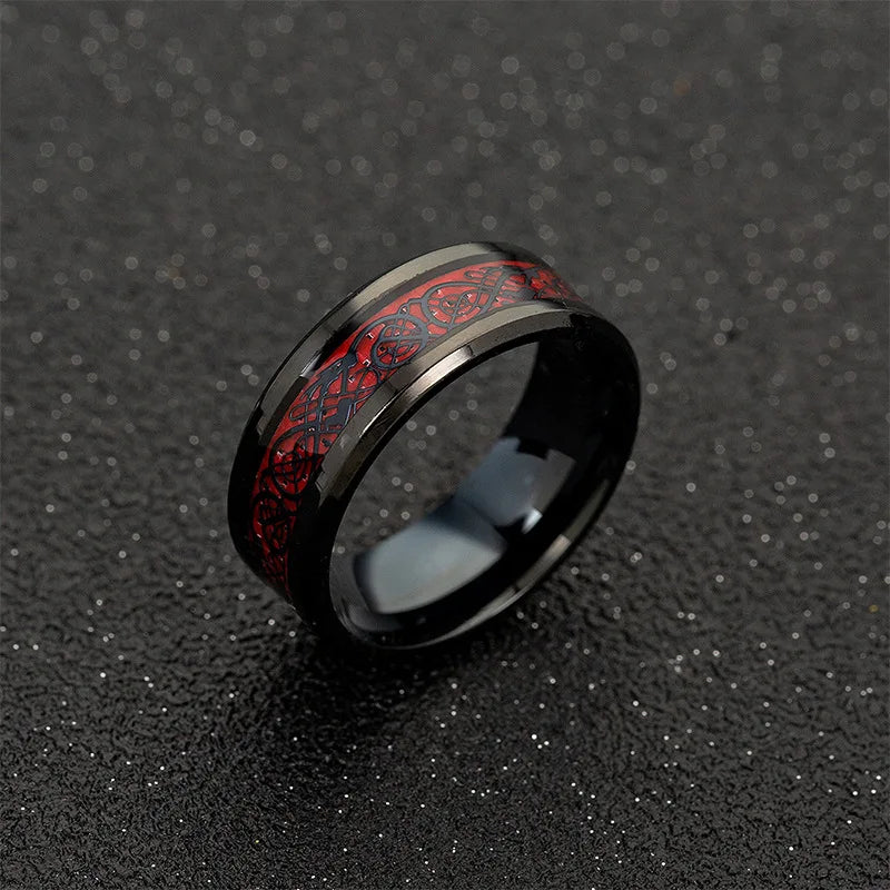 Classic 8Mm Black Tungsten Wedding Celtic Dragon for Men Fashion Stainless Steel Red Carbon Fiber Ring Band