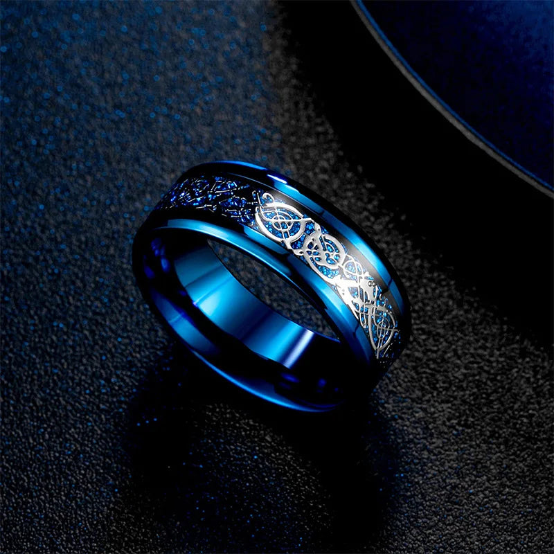 Classic 8Mm Black Tungsten Wedding Celtic Dragon for Men Fashion Stainless Steel Red Carbon Fiber Ring Band